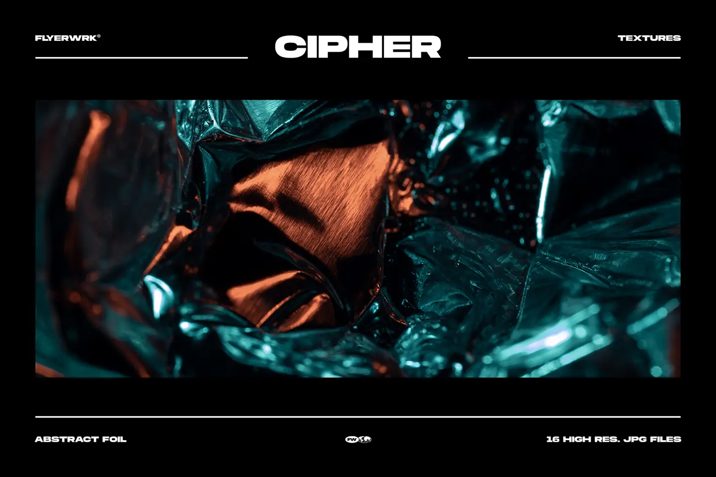 Cipher abstract foil texture featuring a macro view of copper and cyan metallic crumpled sheets