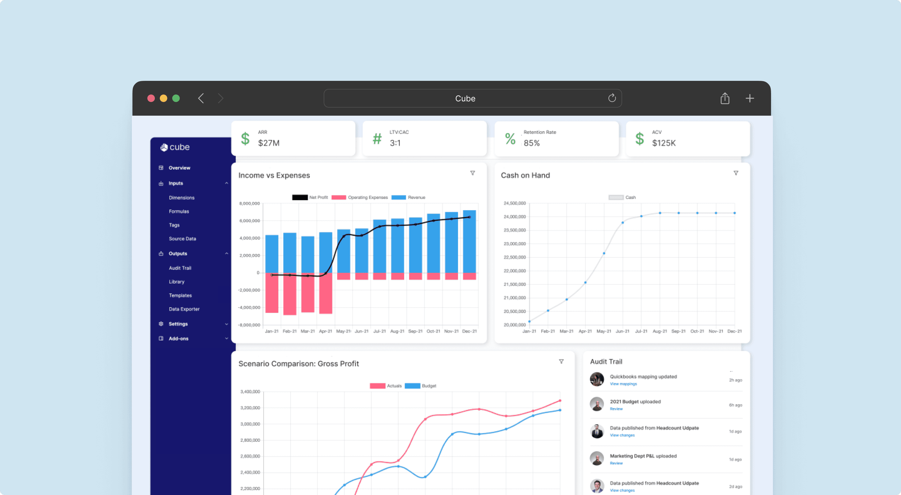 Browser with the Cube software tool open being used for FP&A management
