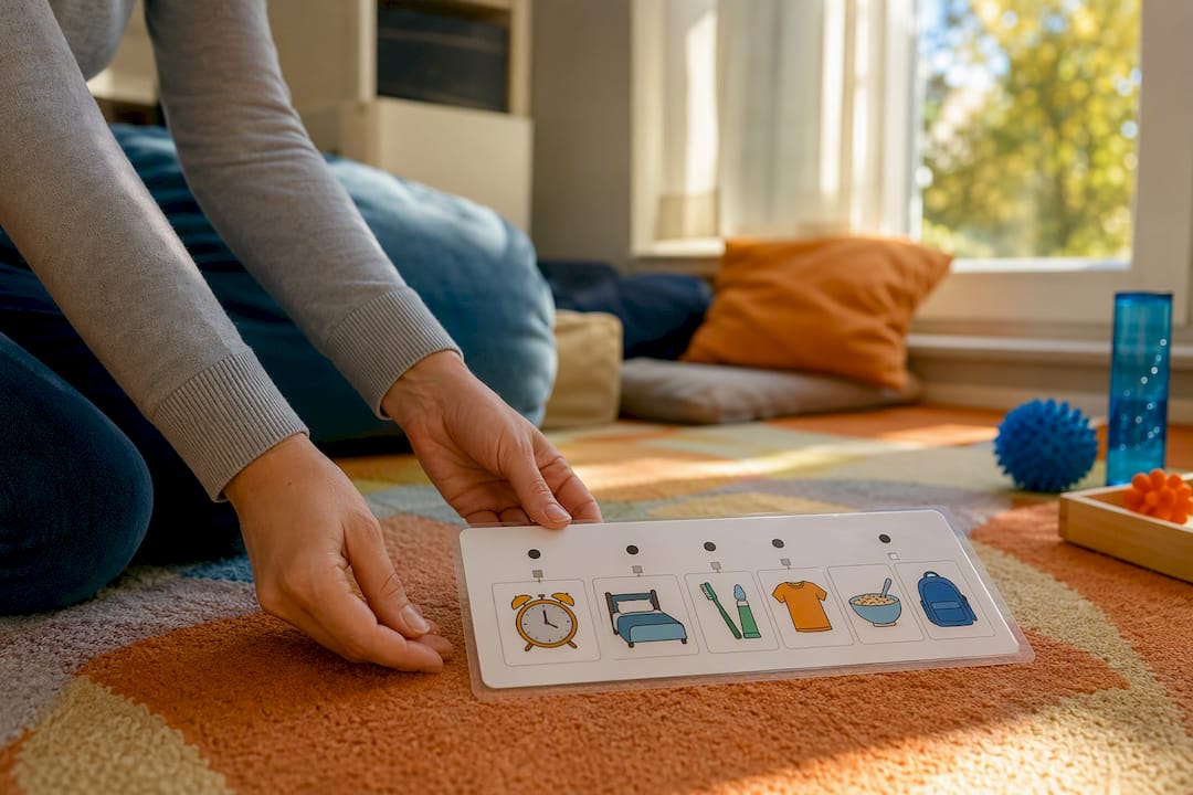 Caregiver placing a first-then board on table