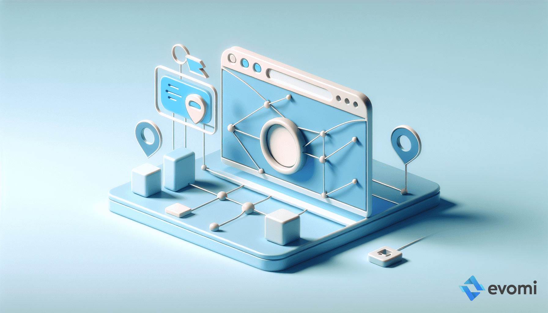  3D illustration of a laptop displaying a digital analytics dashboard with graphs and charts, set against a light blue background.