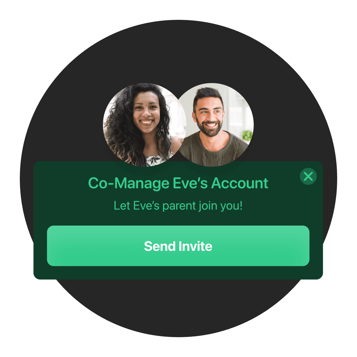 User interface displaying two profile pictures with an option to manage an account. A green button below reads "Manage Profile."