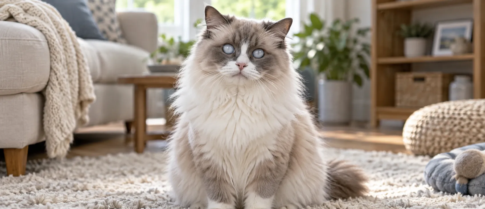 A Ragdoll cat sits with visibly cloudy, pale blue eyes.