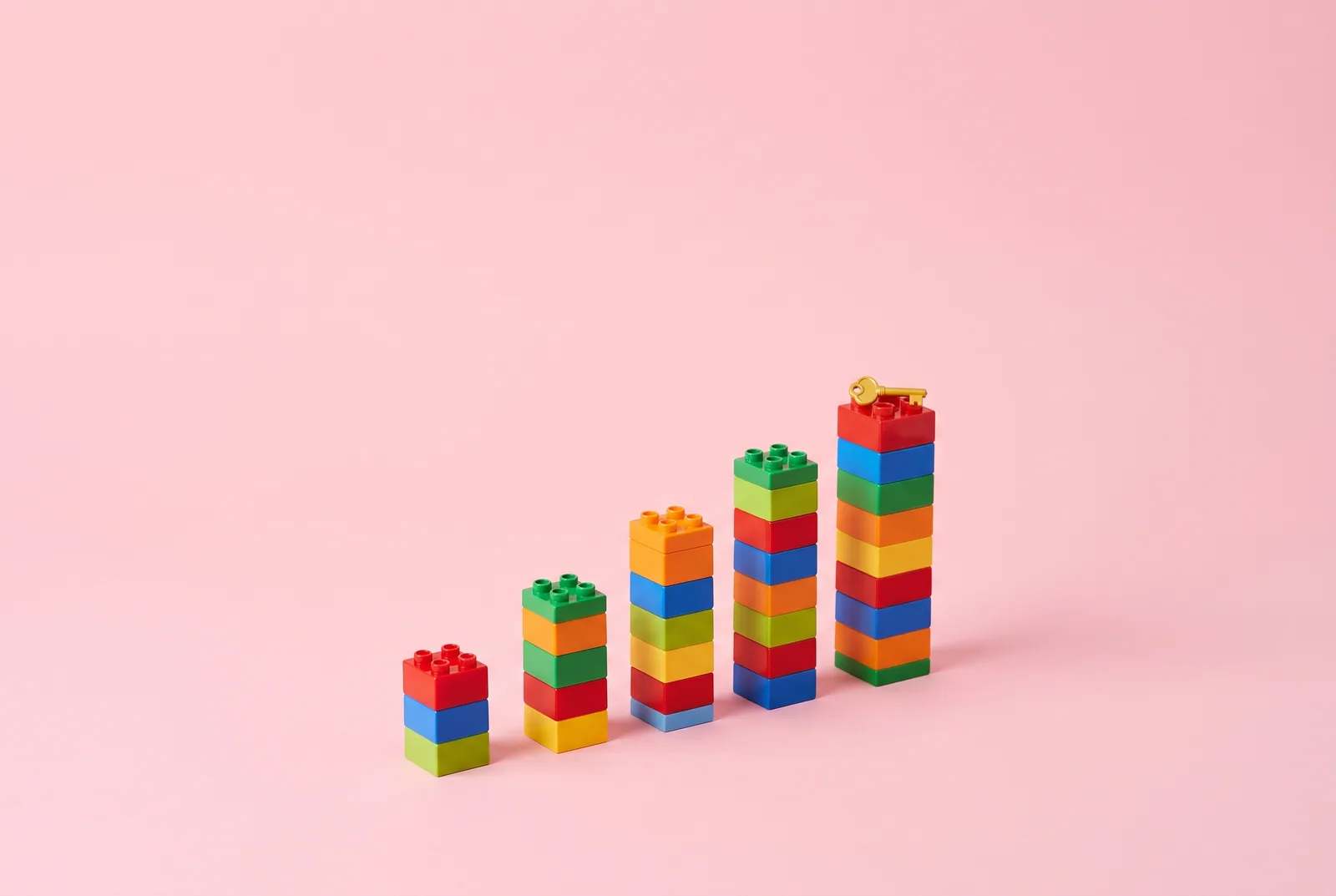 Colorful toy building blocks stacked in towers of rising height, a symbol of age-by-age parental controls to block porn