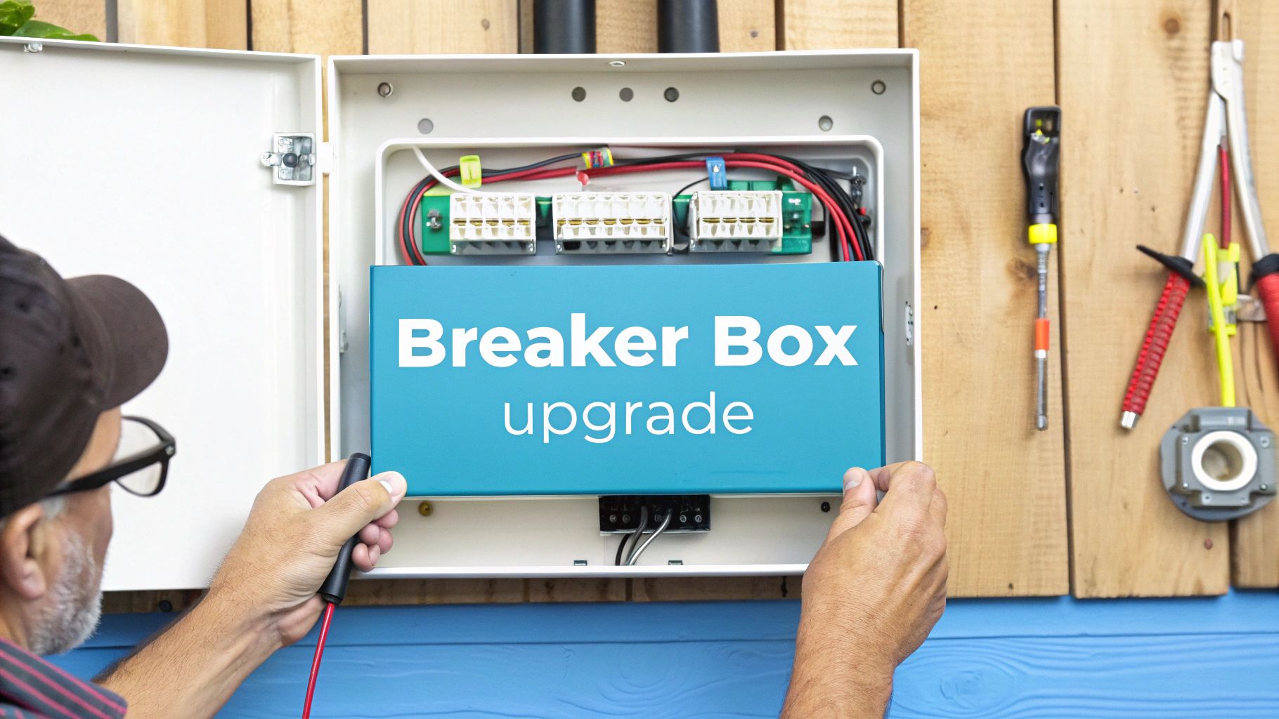 a man installing a new breaker box with a blue label showing the text 'breaker box upgrade'