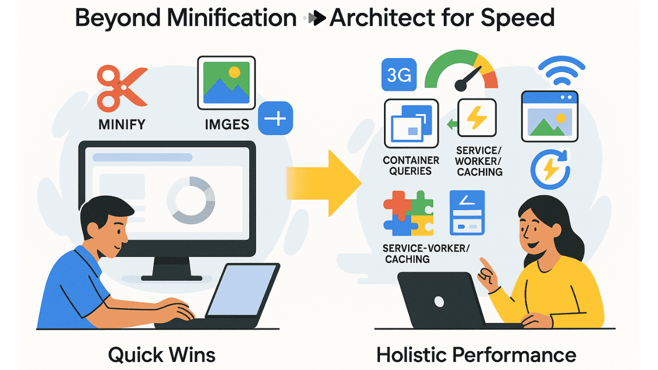 Comparison of basic quick wins (minifying, compressing) with holistic performance strategies like islands architecture, container queries, and caching.