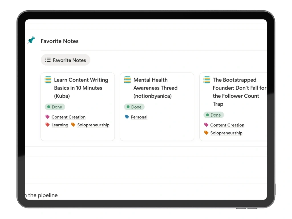 Favorite Notes section showcasing completed and favorite notes categorized by tags such as personal, learning, and content creation