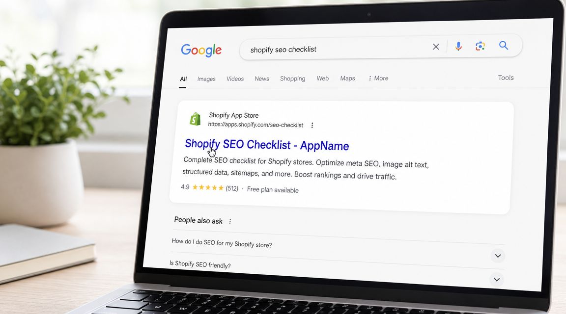 A laptop screen displaying a Google search result for a Shopify SEO checklist application.
