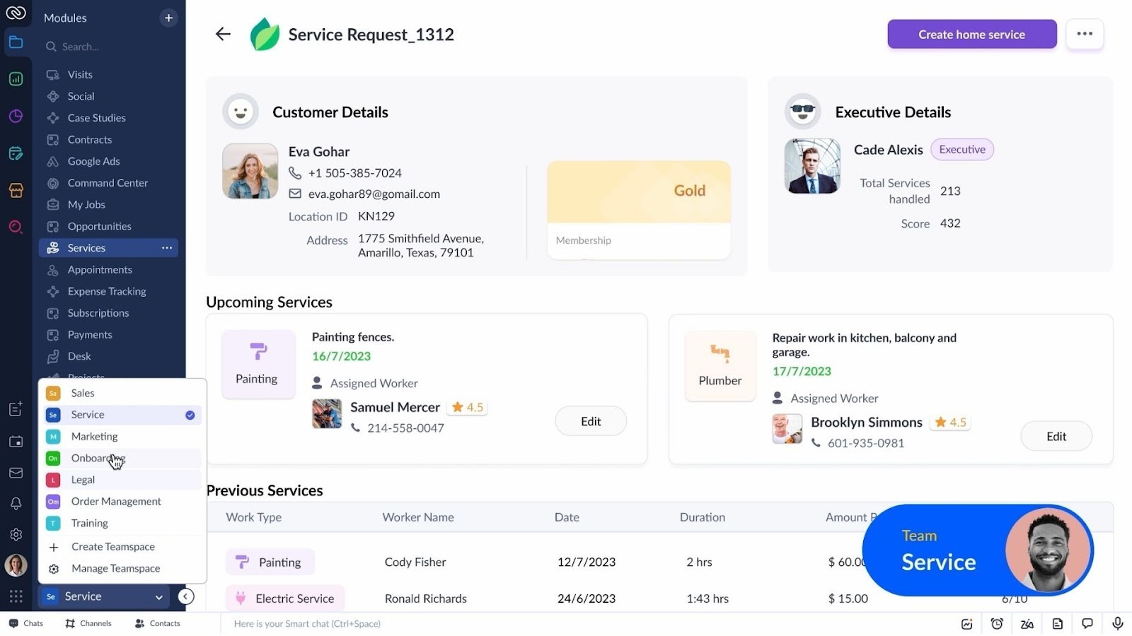 Zoho's platform for managing client service details