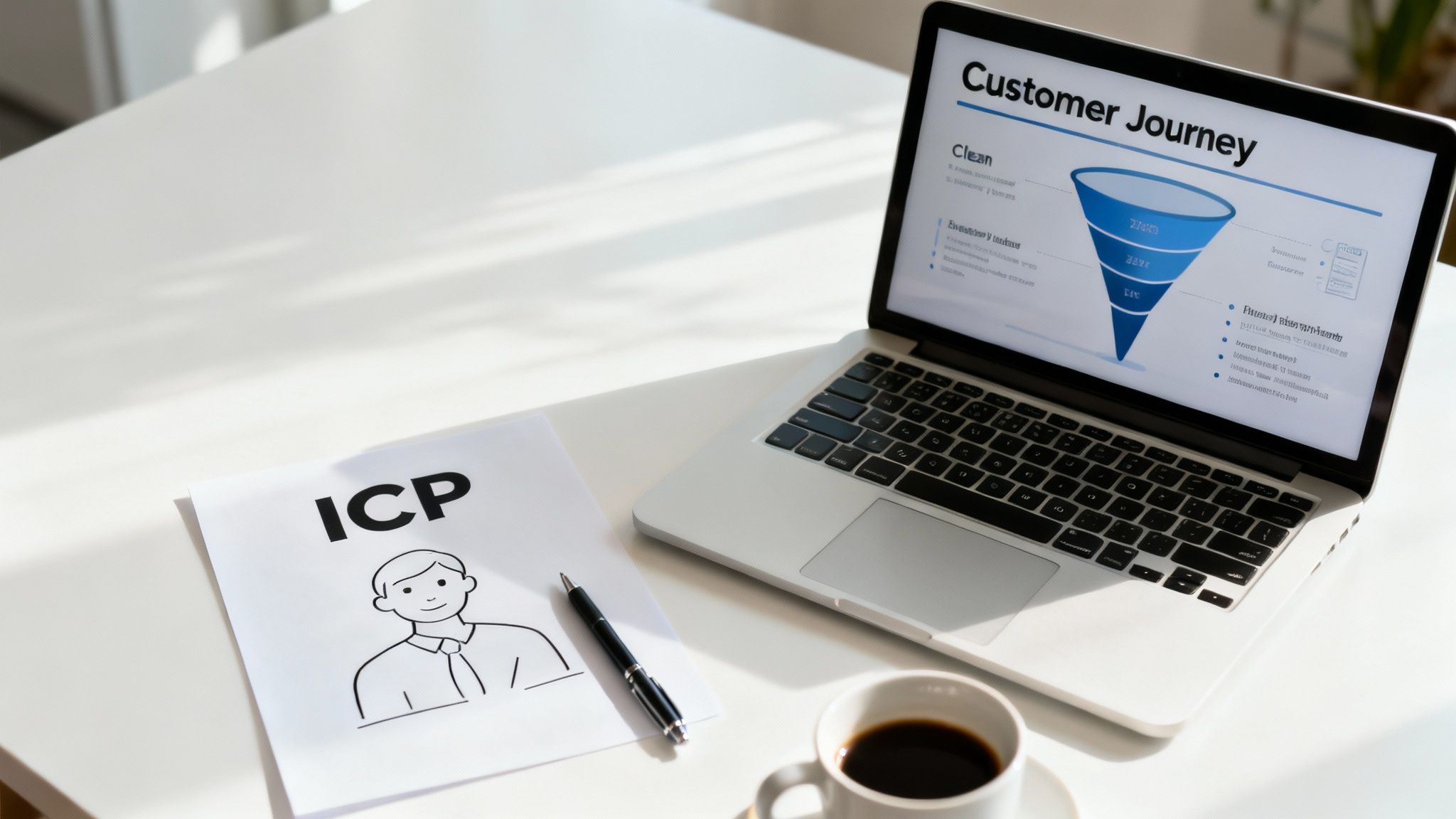 Laptop displaying customer journey funnel diagram with ICP sketch and coffee on desk workspace