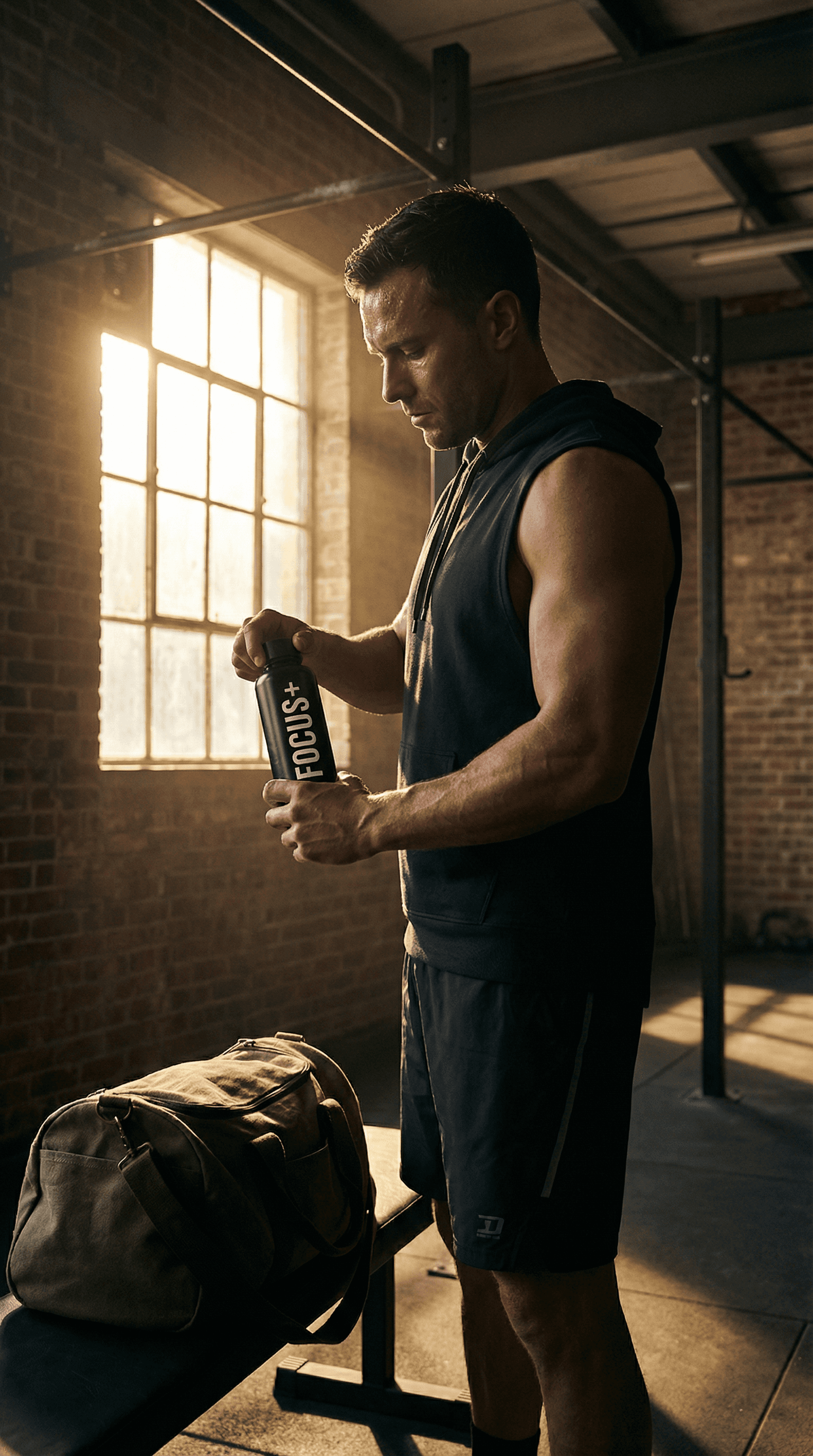Athlete in a gym holding a Focus+ supplement bottle in warm window light