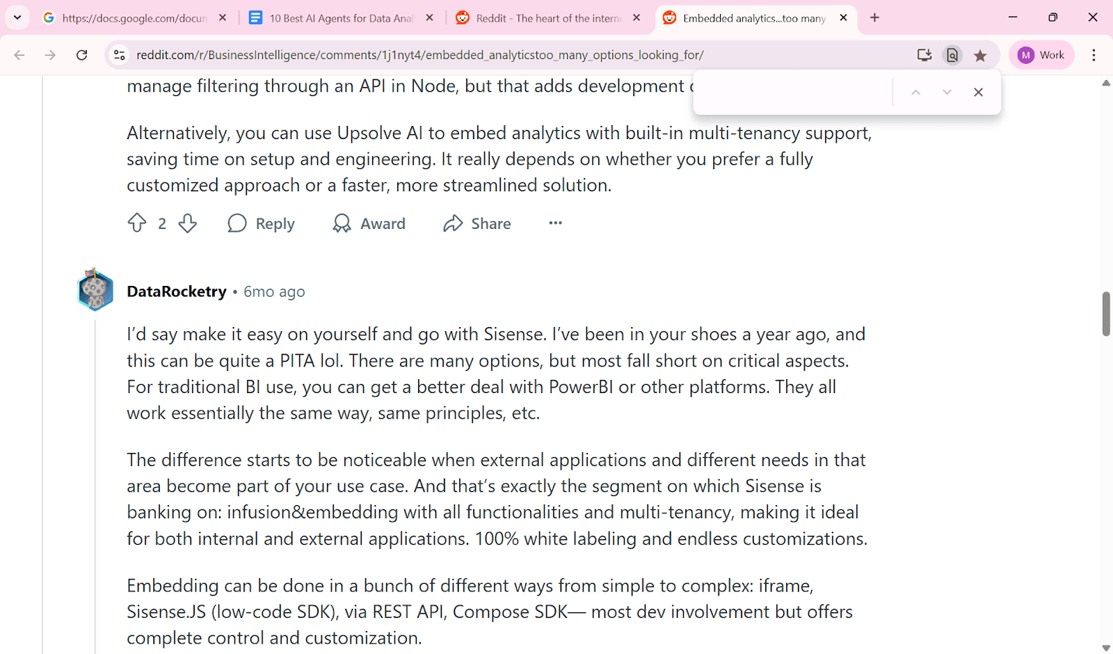 Reddit comment discussing embedded analytics tool options and comparing Sisense with Power BI for external applications