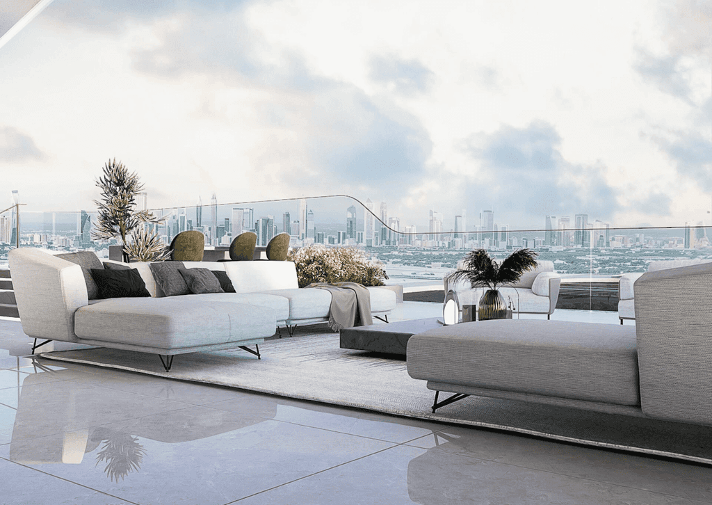 Contemporary living room and kitchen in Mansory Residences, showcasing a spacious and stylish design.