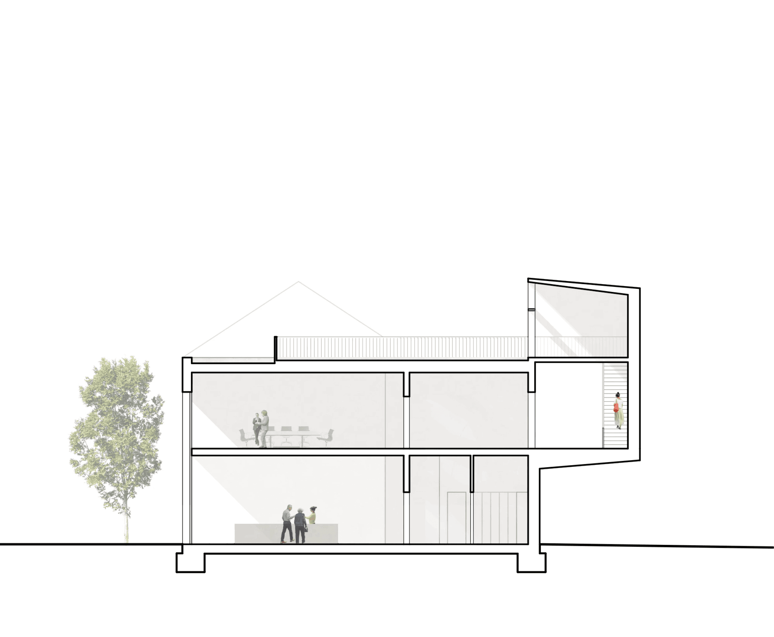 Schnitt durch Verbindung zwischen Kubus und Riegel im Tankstelle-Kyritz-Konzept