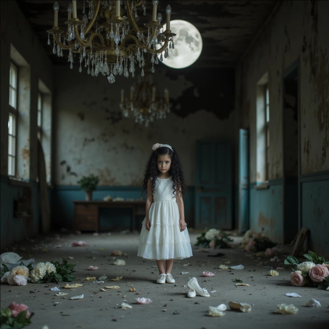 ein junges Mädchen mit einem weißen Kleid steht in einem dunklen, verwüsteten Raum