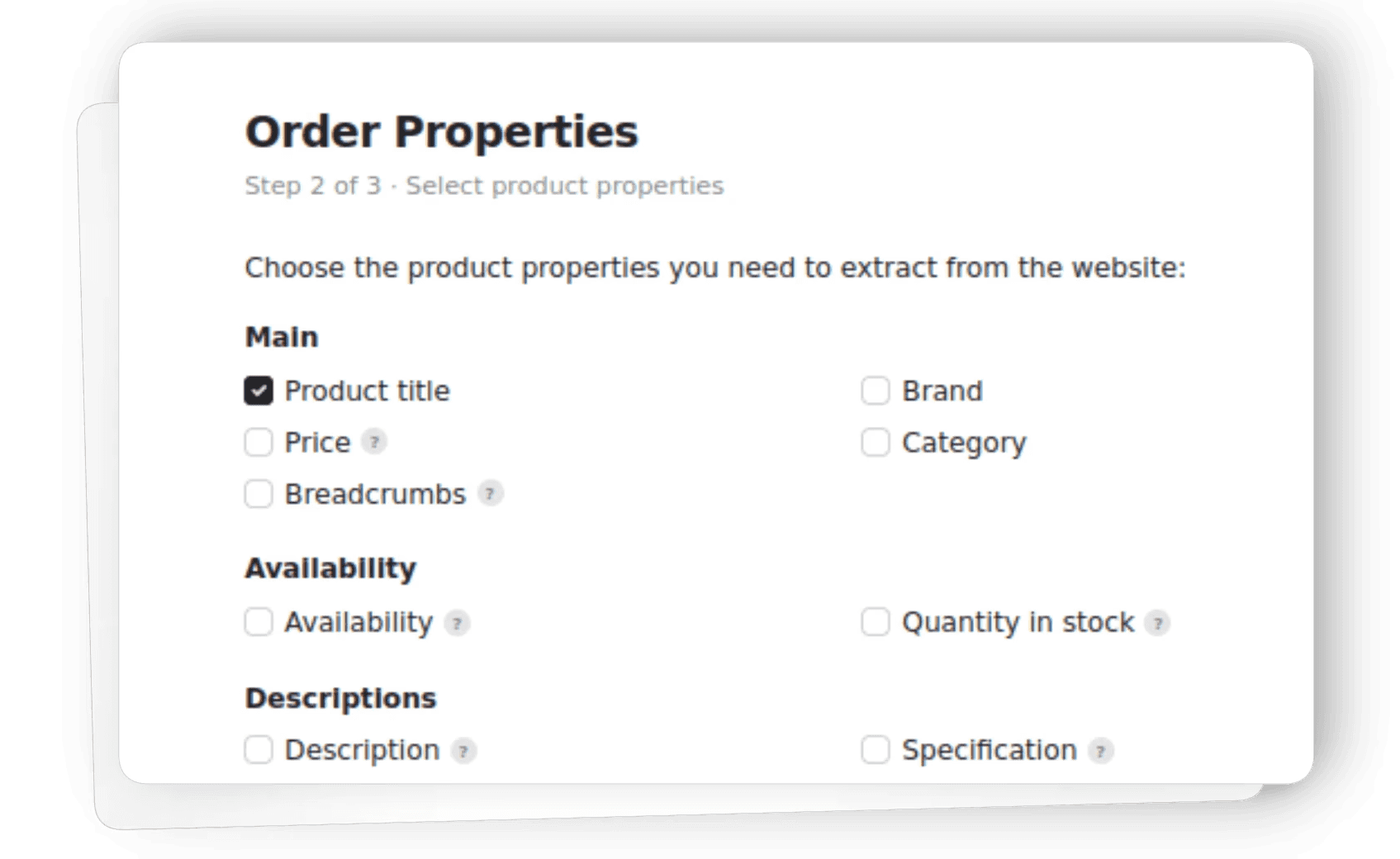 ShopScraping step 2: selecting product attributes to scrape — prices, images, specifications, and availability