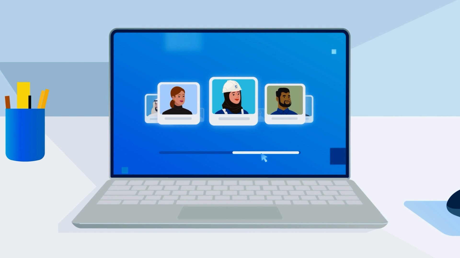 Illustration of a laptop displaying a video call with multiple participants