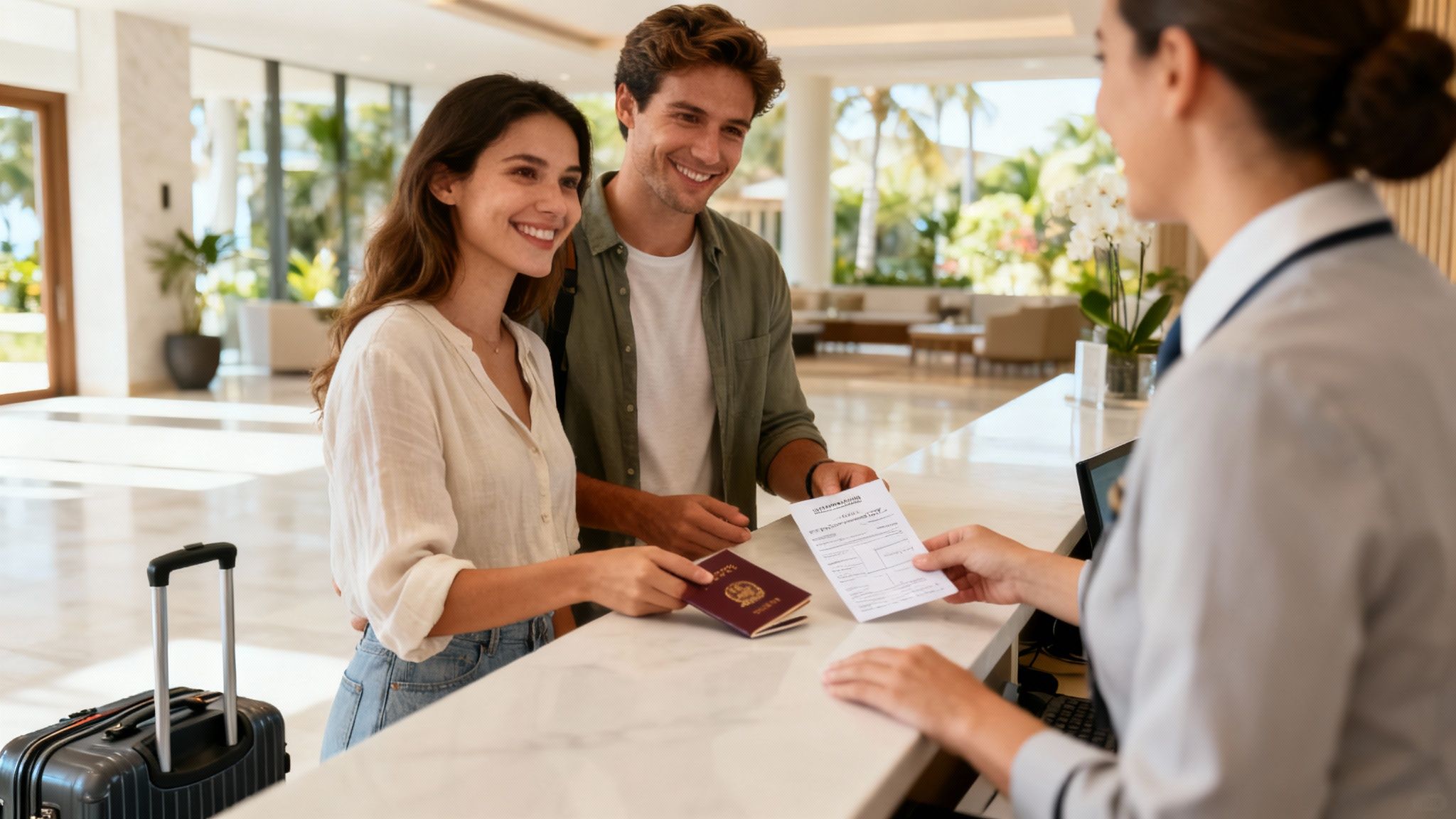 A happy couple checks into a luxurious hotel, handing their passport and form to the receptionist.