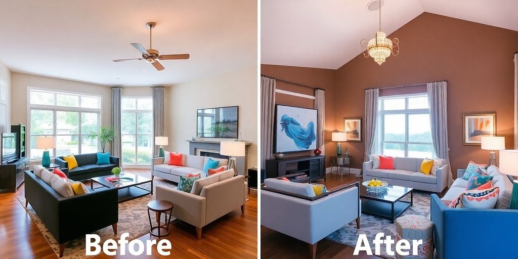 Before and after living room transformation with modern decor.