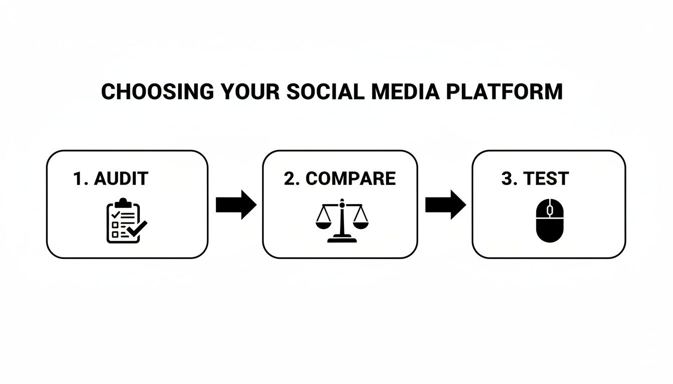 A three-step infographic showing how to choose a social media platform: Audit, Compare, and Test.