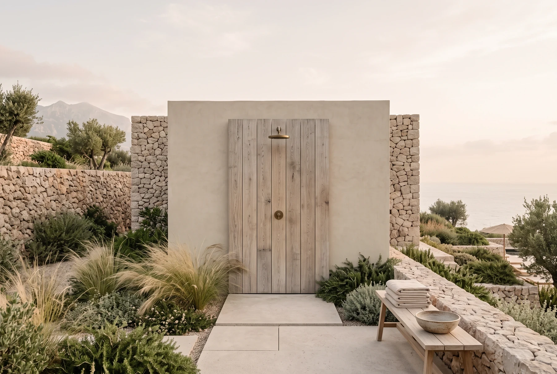 Timber outdoor shower against a lime wall