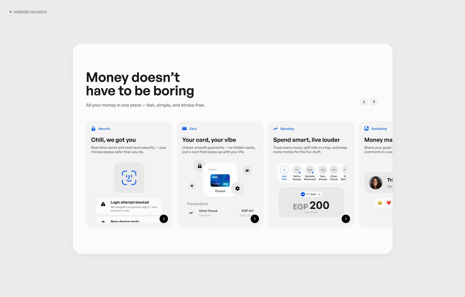 Kiwe Bank website features section — Security, Card, Spending, and Social tabs with "Money doesn't have to be boring" headline