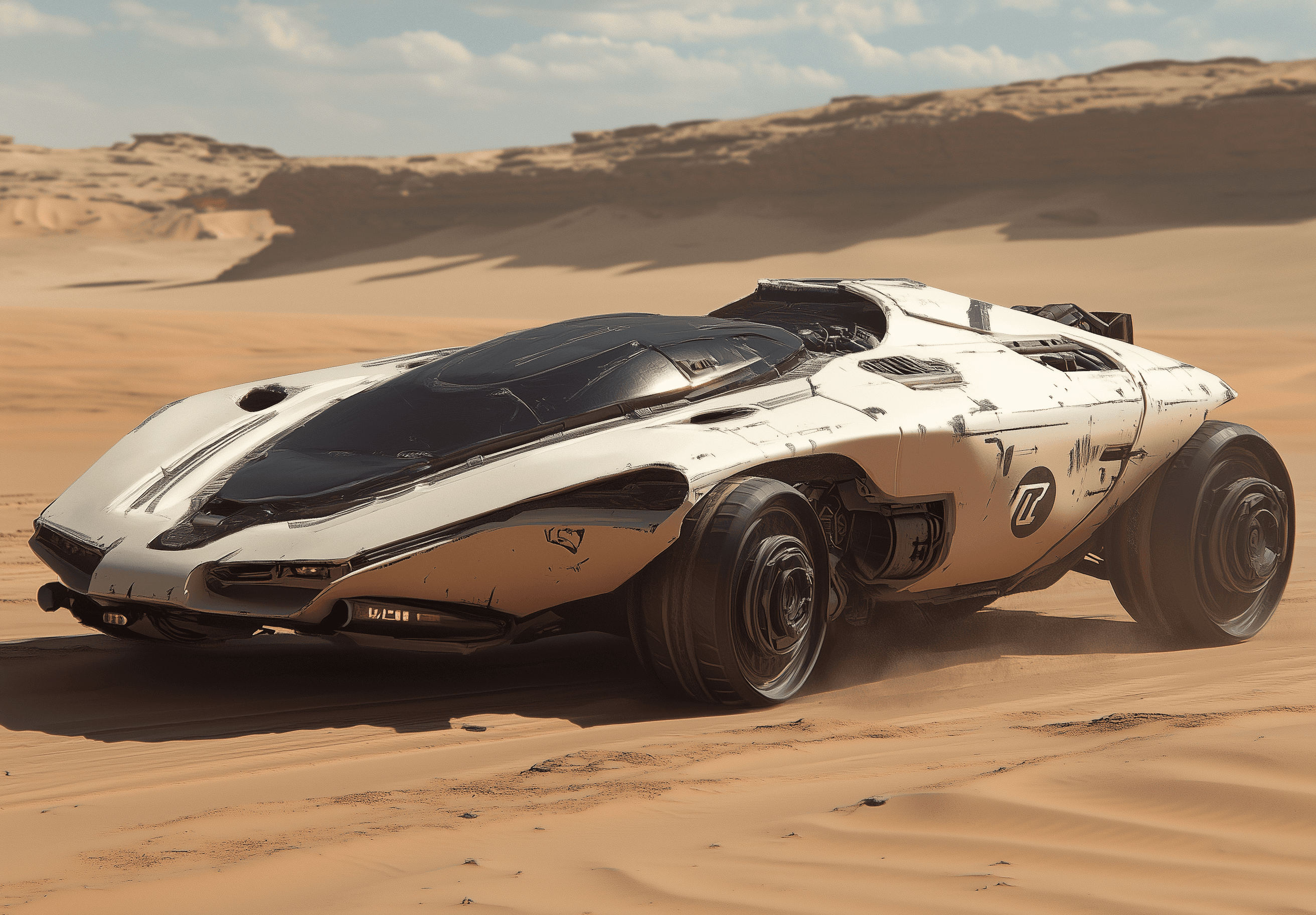 A car designed in the style of Dieter Rams, with the body of an exaggerated concept vehicle from the vast desert planet of Mars in the Shadowrun universe.