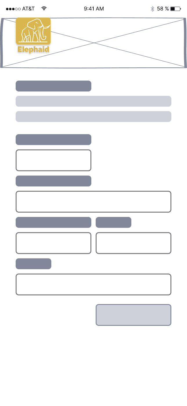 A wireframe of the Elephaid donation form displayed on a spiral notebook, including input fields for personal information and payment details with a Send button.