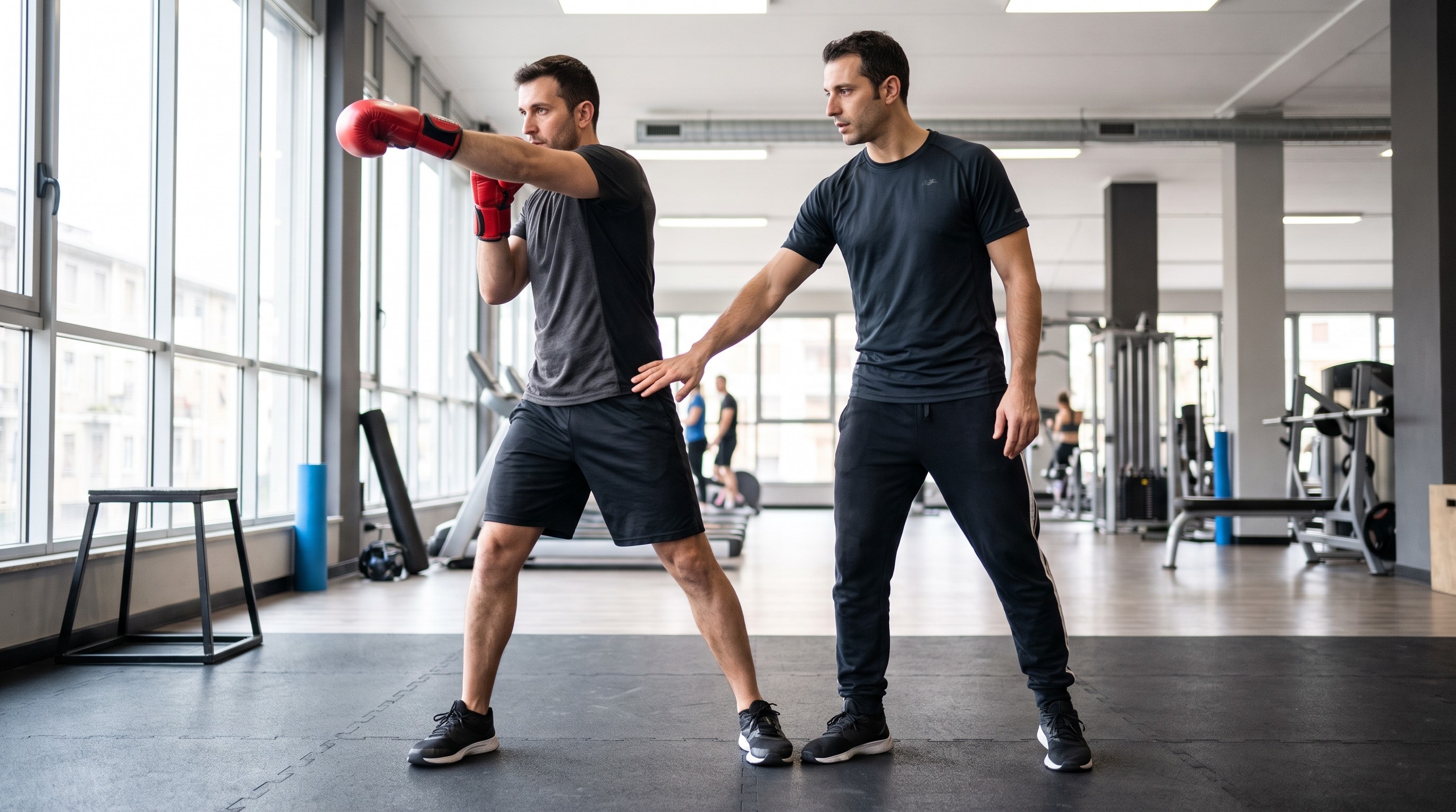 istruttore fit-boxe corregge postura e catena cinetica del pugno a gruppo classe in palestra moderna