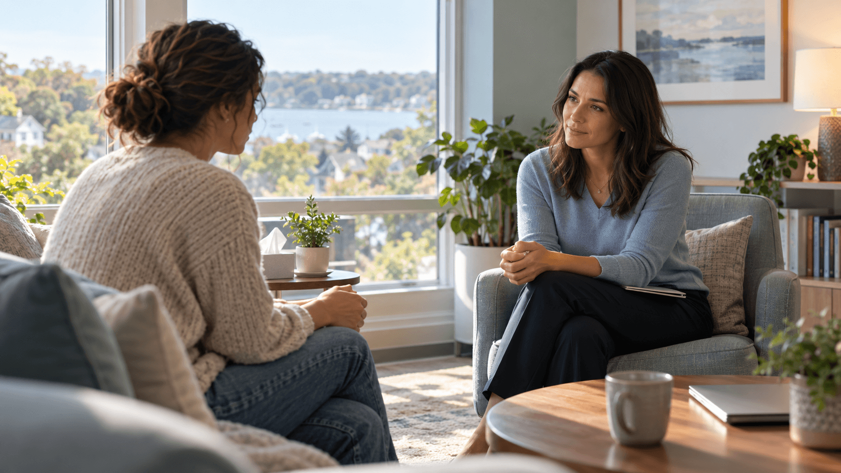 Clinician and adult discussing burnout and depression in a calm outpatient office