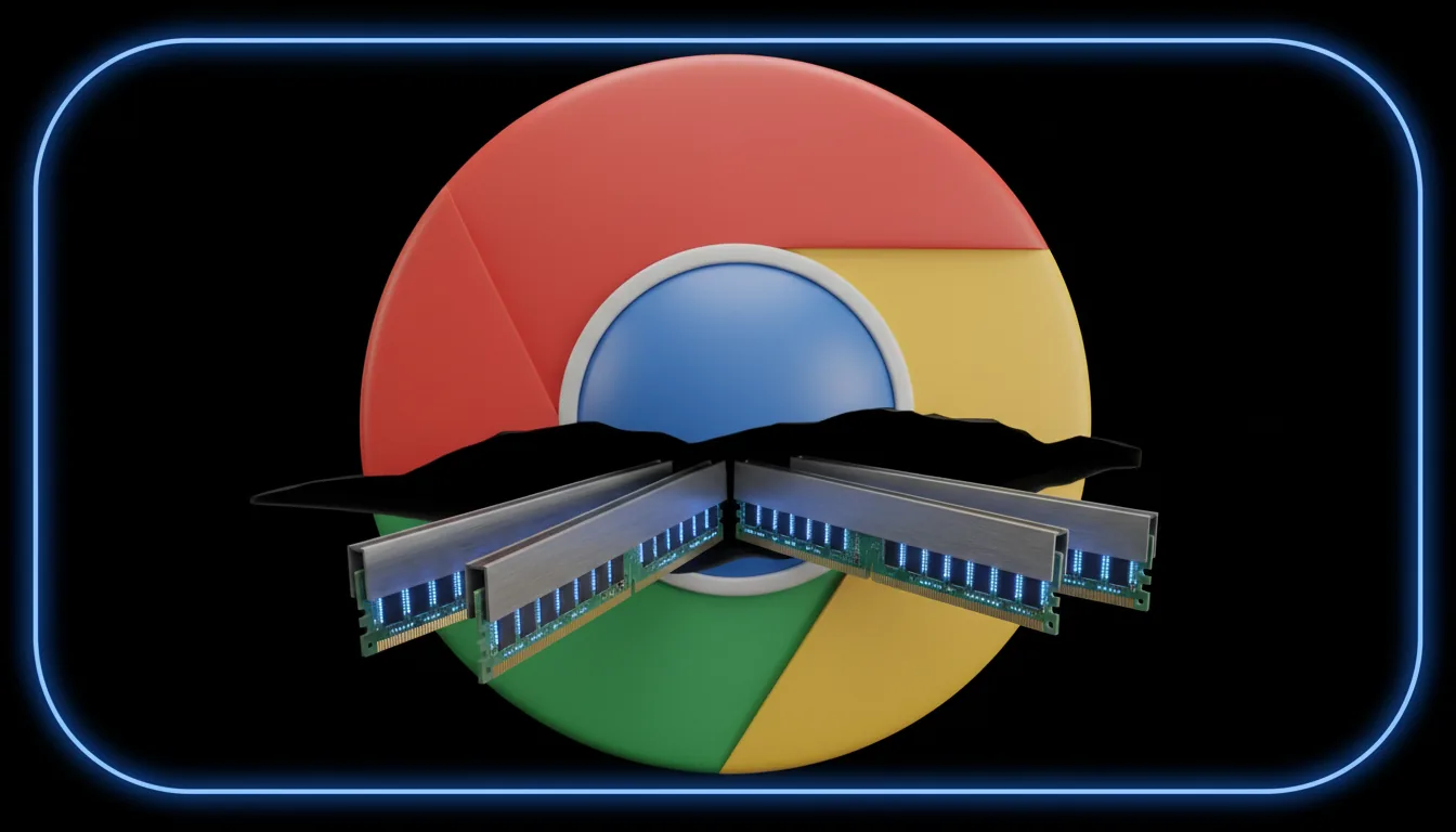 3D render of a large Google Chrome logo serving as a backdrop, with a horizontal tear across its lower section from which three detailed computer RAM sticks emerge, angled towards the viewer. The logo is made of a matte plastic material with its iconic red, yellow, and green sections and a central blue gradient circle. The image features soft global illumination, creating subtle depth and soft shadows. The entire composition is framed against a black background with a thin, glowing blue rounded border.