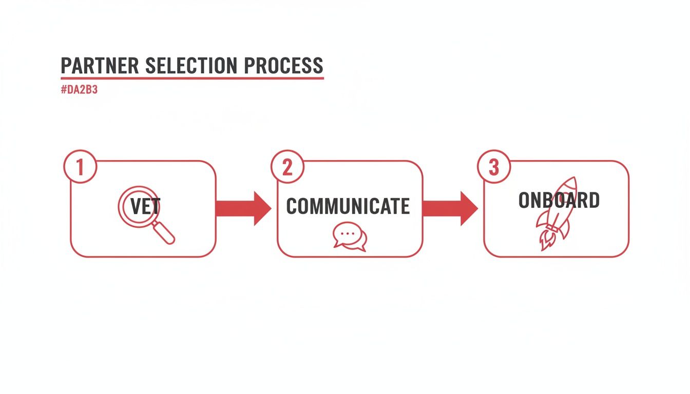 A three-step diagram illustrates the partner selection process, including vet, communicate, and onboard.