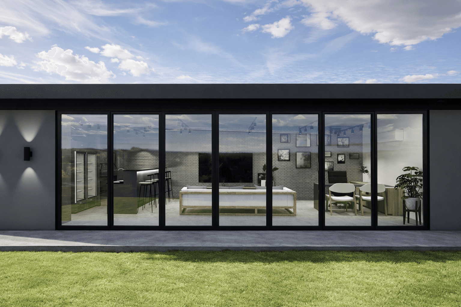 Front view of a modern wooden architecture building on grass with blue sky.