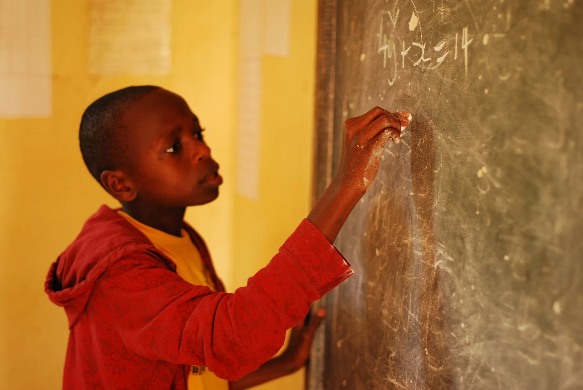 Niño tanzano con una planta o hierba en la mano, con otros niños alrededor al aire libre