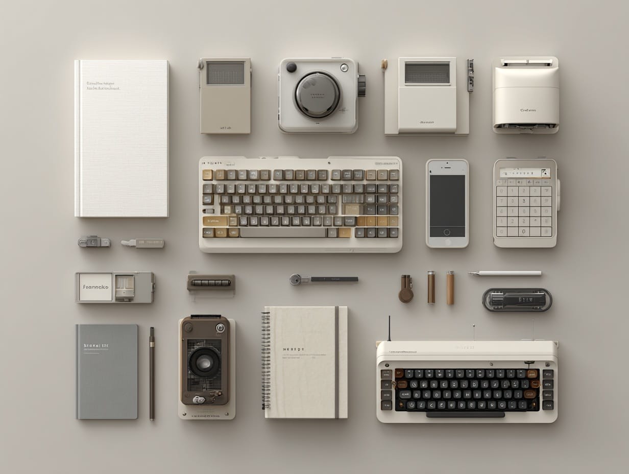top-down shot of several distraction-free writing devices arranged neatly on a neutral background.