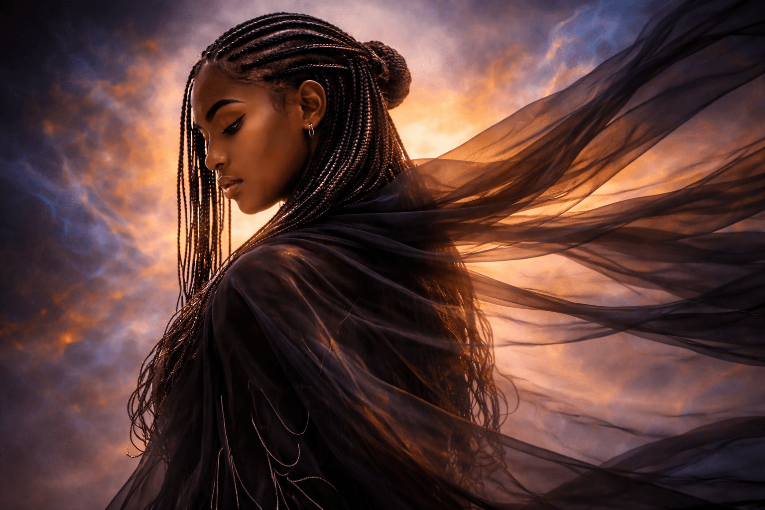 Ethereal portrait of a woman with braided hair and a flowing black sheer fabric against a dramatic sunset sky