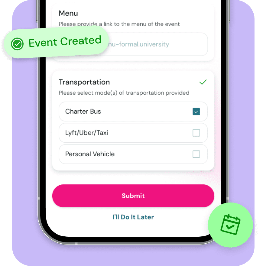 Lounge event setup form showing chapter bus and Lyft transportation options with event reviewed approval badge
