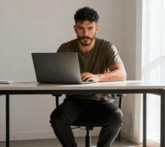 A man sitting at a table, focused on his laptop with natural light coming from a nearby window.