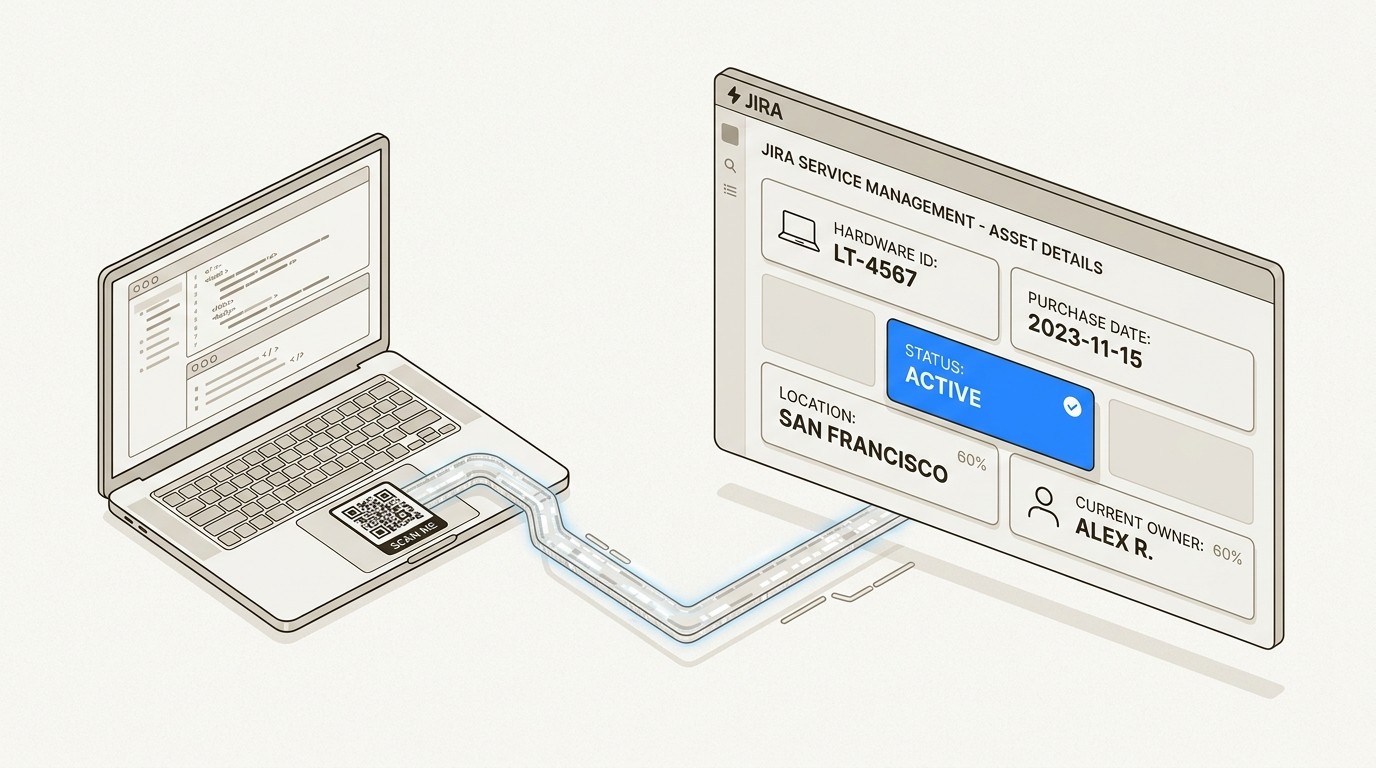 Visualize how QR codes create a seamless digital bridge between your physical IT assets and their detailed records in Jira.