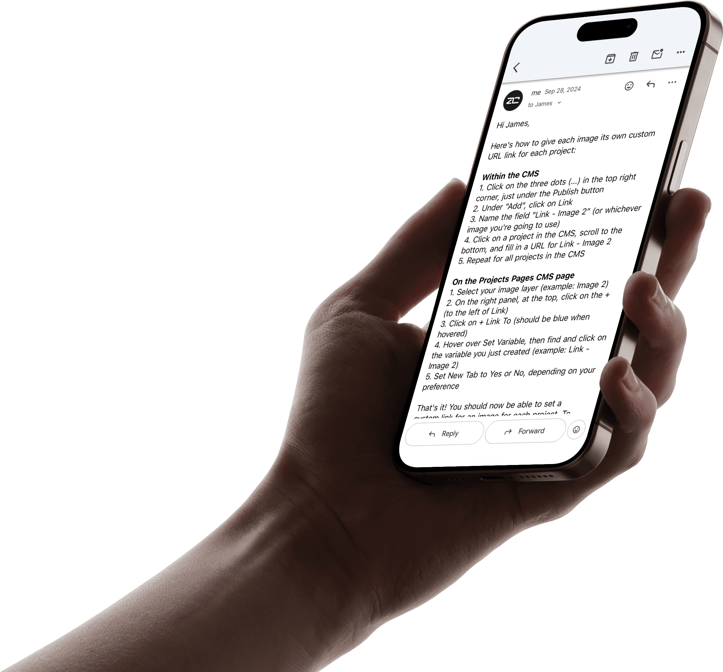 Hand holding a phone with email on display