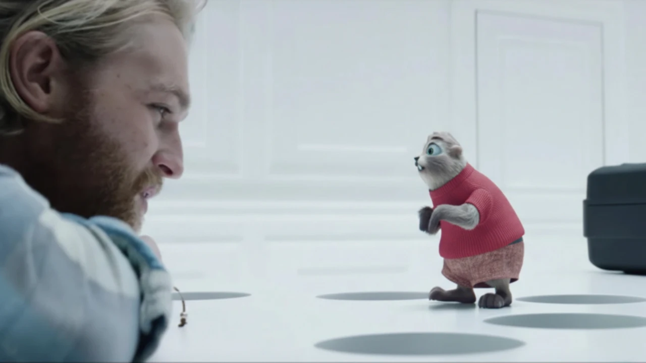 Dans un environnement blanc et épuré, un homme blond barbu est penché à hauteur de table et regarde attentivement un petit personnage animal stylisé, debout face à lui. La créature porte un pull rose et adopte une posture expressive, comme si elle interagissait avec l’observateur. Cette scène visuelle accompagne la réflexion sur l’impact de la réalité virtuelle sur l’apprentissage et le développement, en suggérant l’immersion, l’interaction et les nouvelles formes d’expérience pédagogique rendues possibles par les technologies immersives.