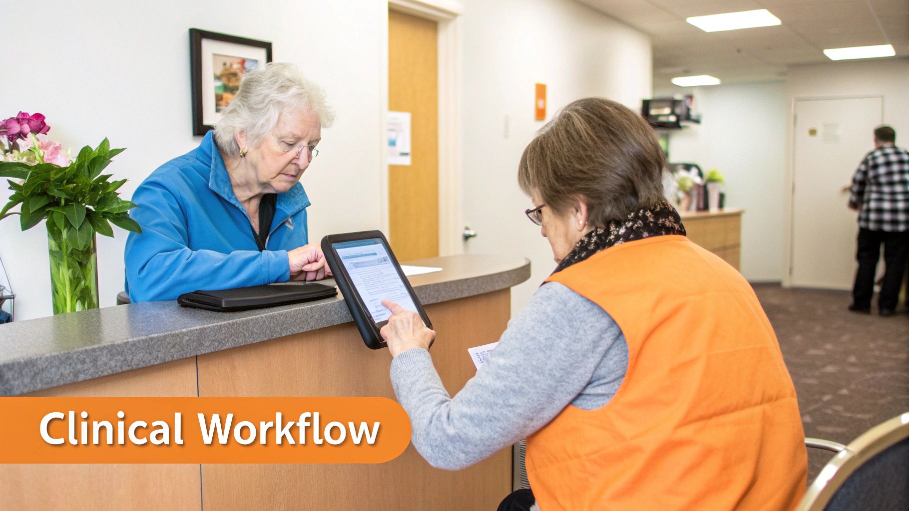 Two elderly women interact with a tablet at a clinical reception desk, likely for patient registration or a health assessment.