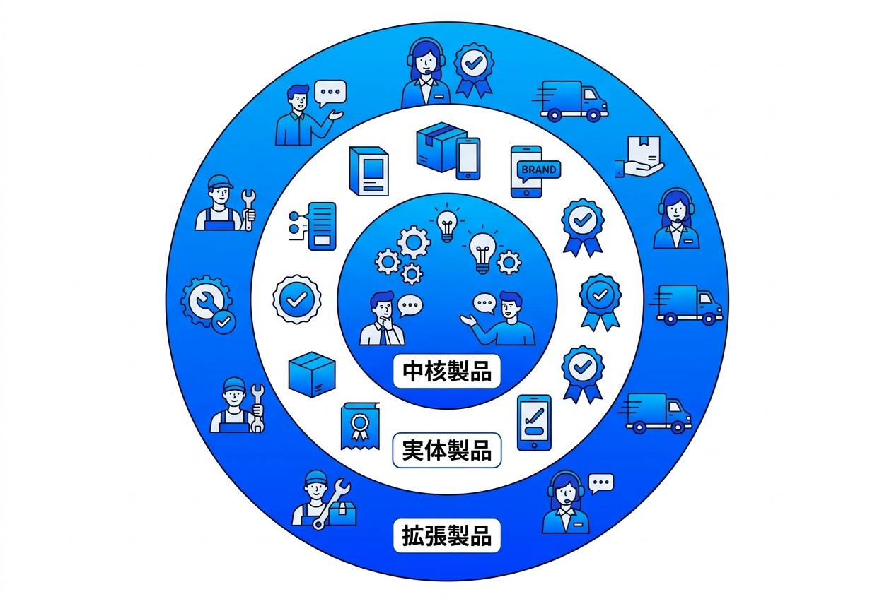 製品分析の3階層構造。中核製品（基本価値）→実体製品（具体的機能）→拡張製品（付加サービス）の順で、顧客体験全体を評価する。