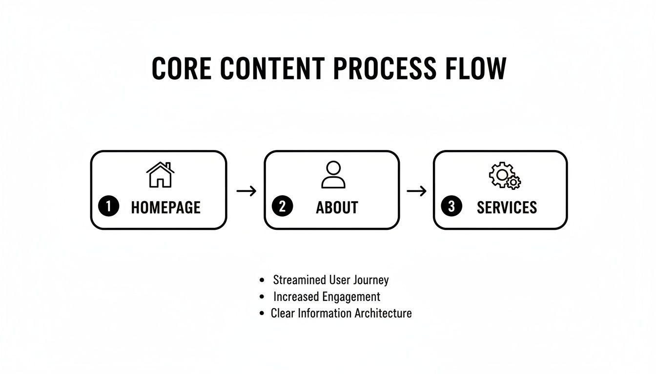 Flowchart detailing a website's core content process: Homepage, About, Services, ensuring streamlined user journey.
