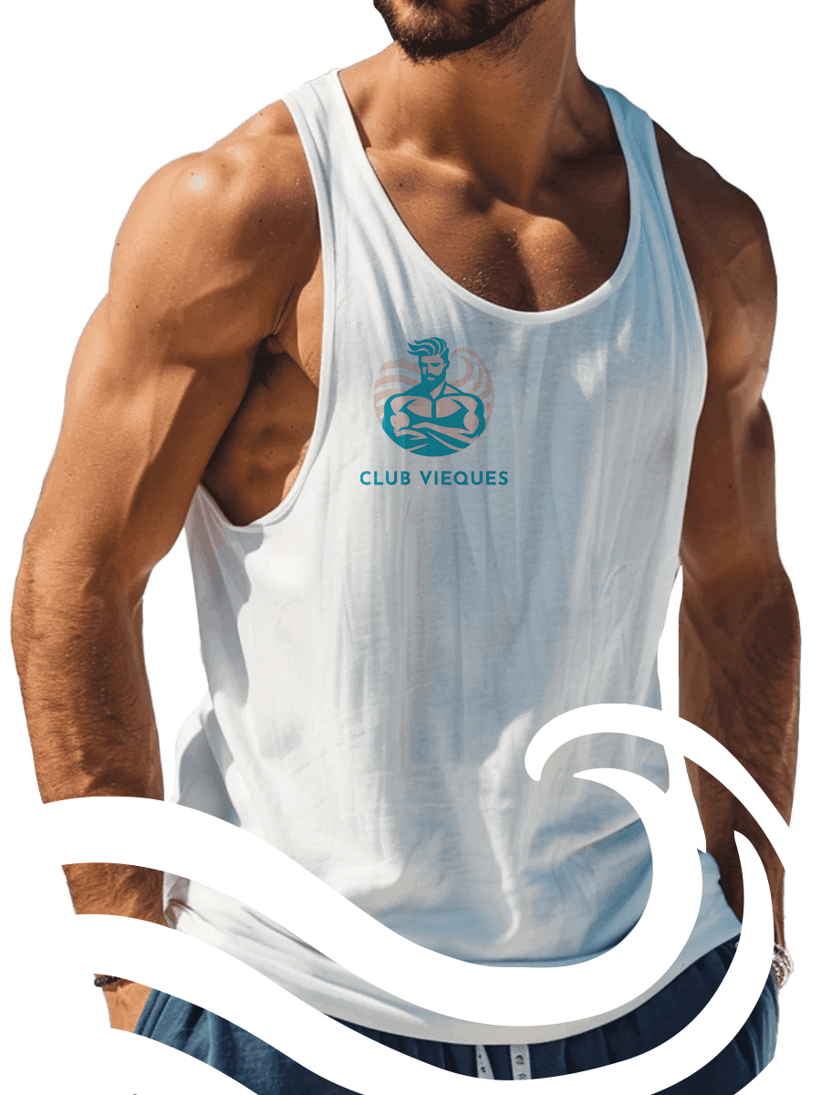 Man wearing a white Club Vieques tank top featuring the resort’s logo, symbolizing branded merchandise and casual island style.