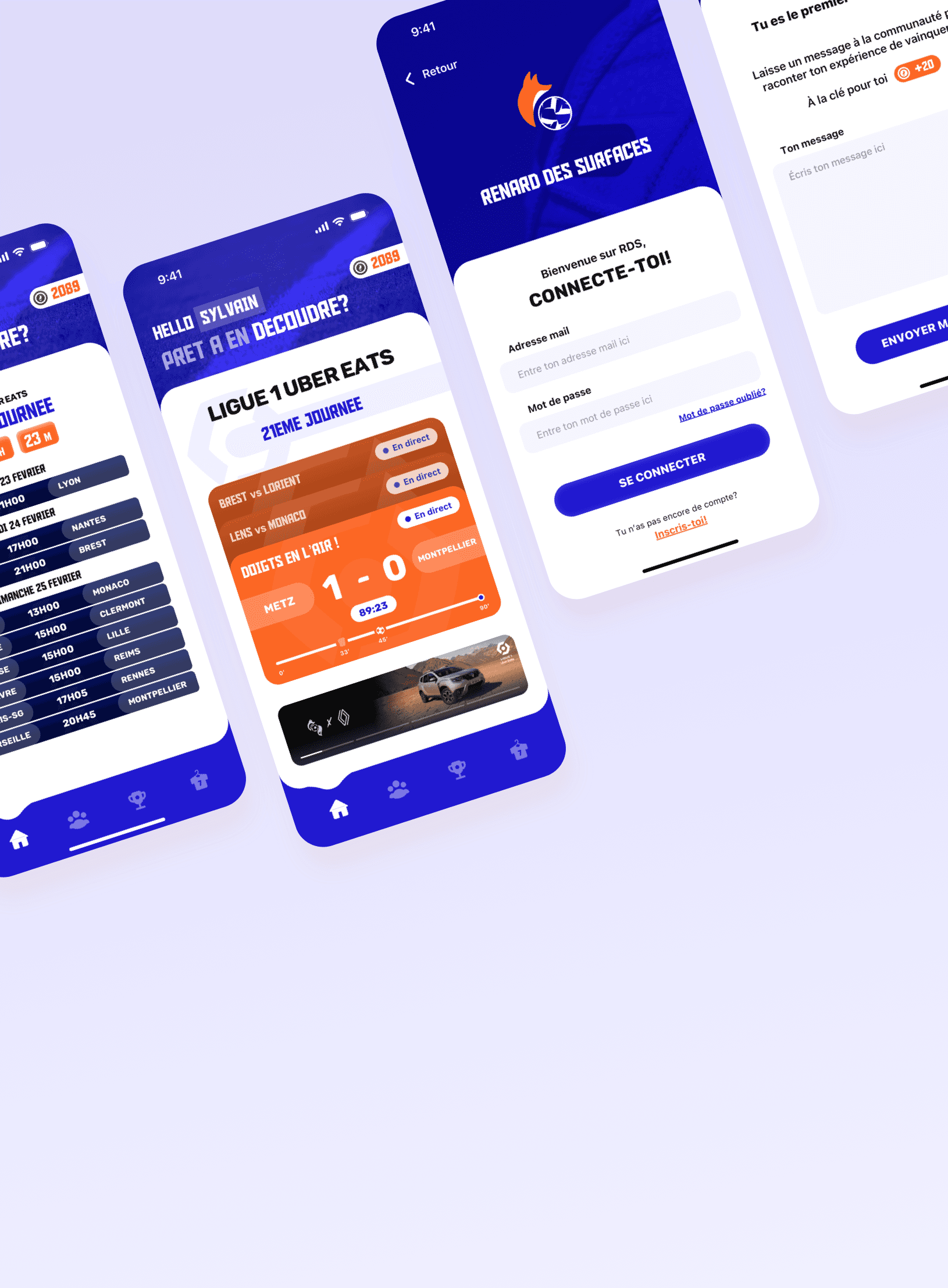 Plusieurs interfaces de l'application mobile Renard des Surfaces avec des informations sur des matchs de football, un écran de connexion à l’application, et un classement des équipes.