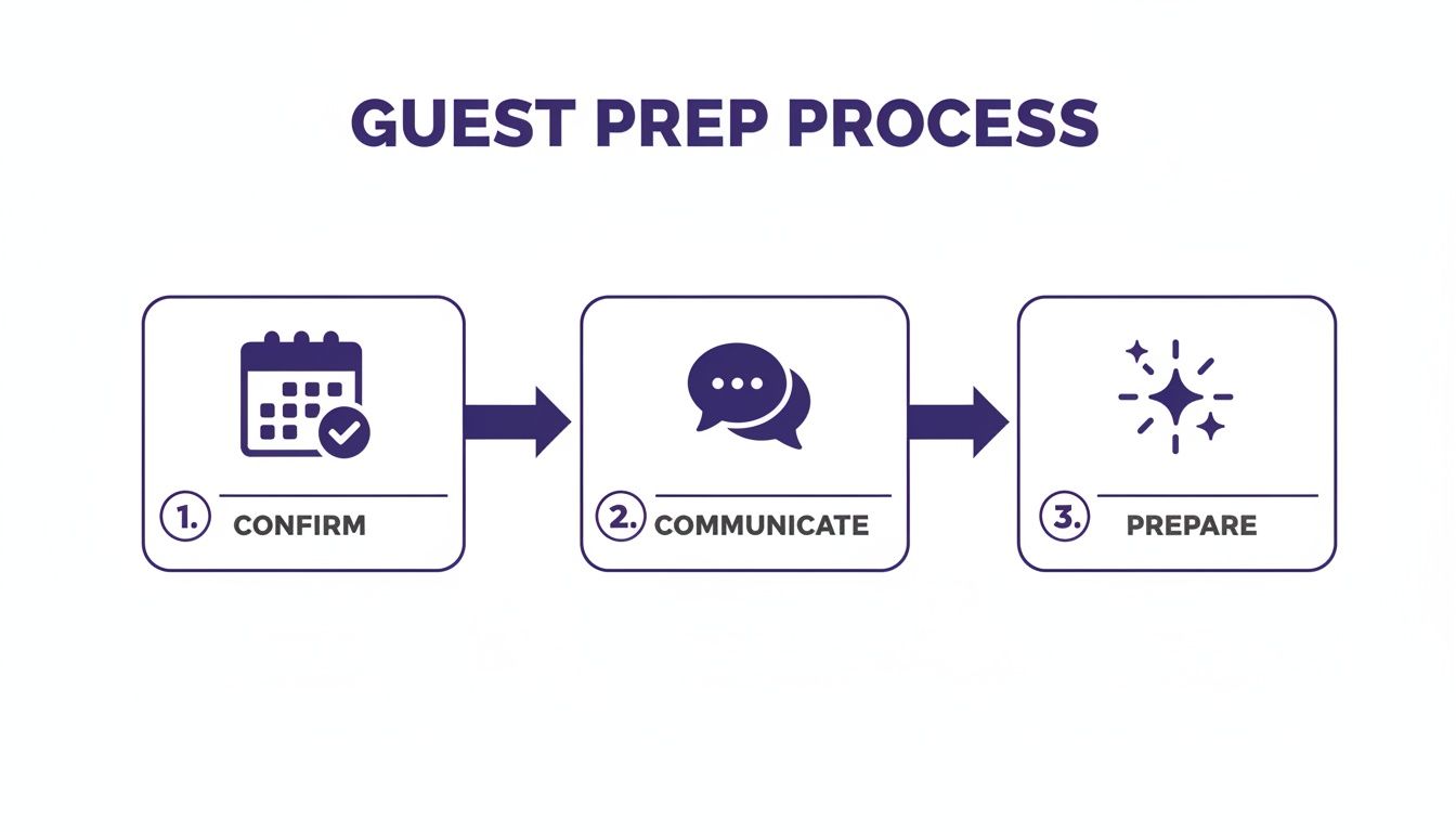 A visual infographic showing a three-step guest preparation process: Confirm, Communicate, Prepare.