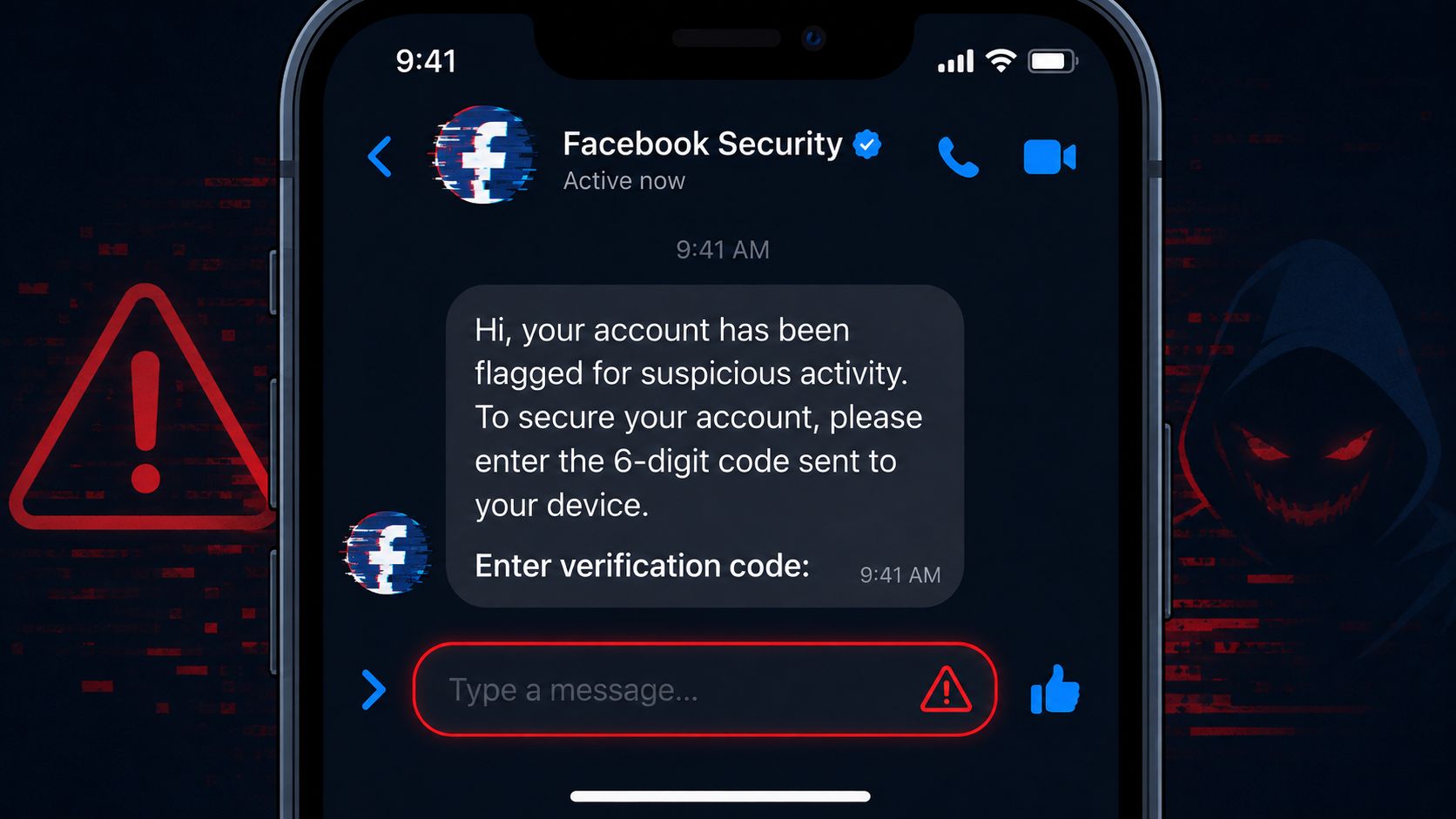 A smartphone screen displaying a fraudulent Facebook security message attempting to phish for a verification code.