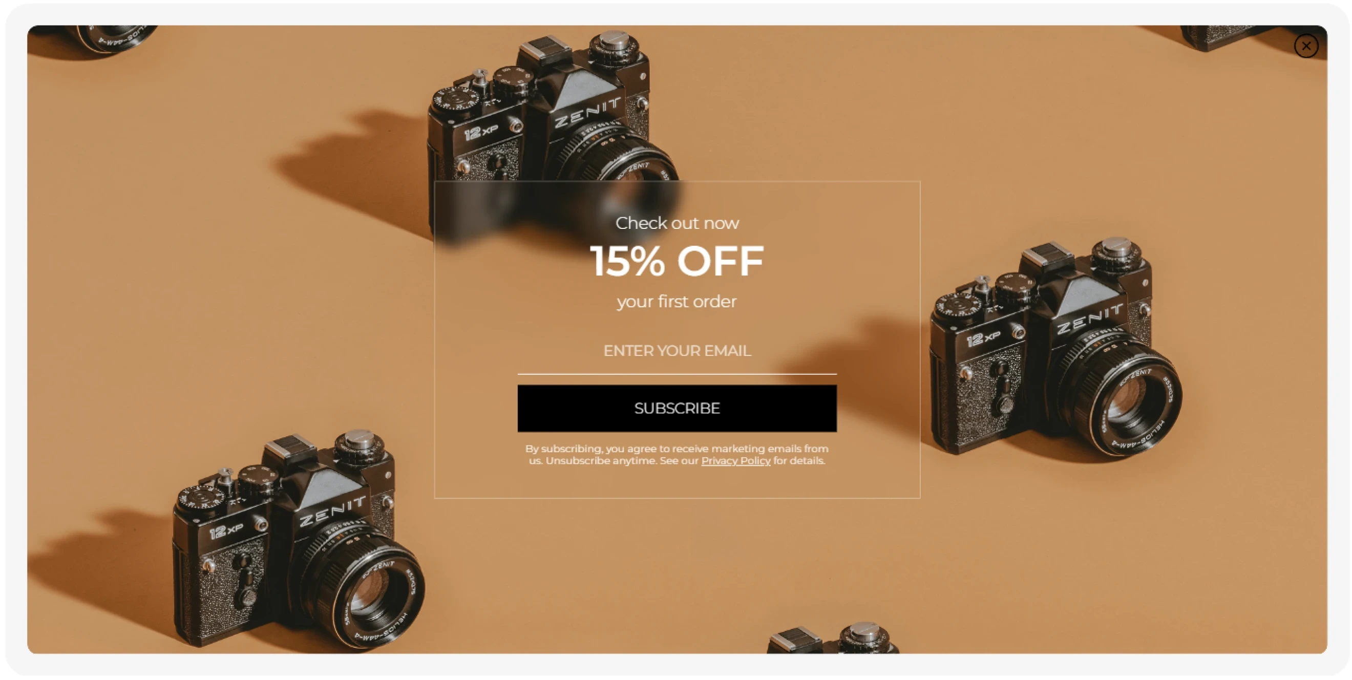 Claspo fullscreen subscription popup template with a 15%off discount