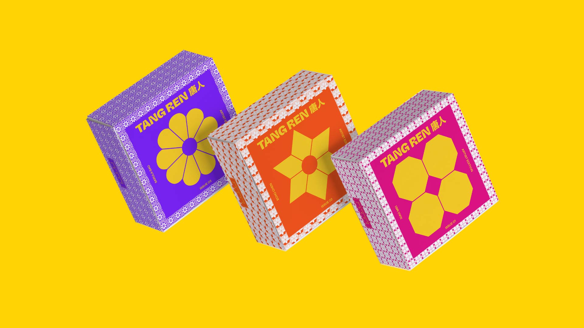 Three boxes are displayed against a yellow background. Each box features a yellow flower design and the text "TANG REN" above it, with additional text below. The boxes are decorated with a dotted border and vary in color: purple, orange, and pink.