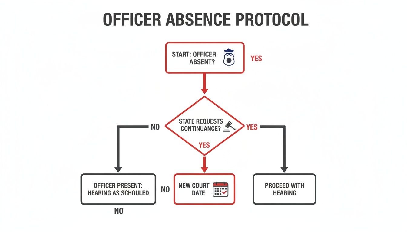 Flowchart detailing the officer absence protocol for court proceedings, showing decisions for continuance.